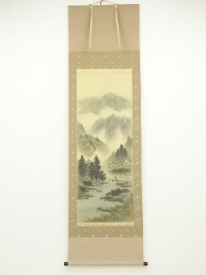 邦彦筆　淡彩山水　肉筆絹本掛軸（共箱）